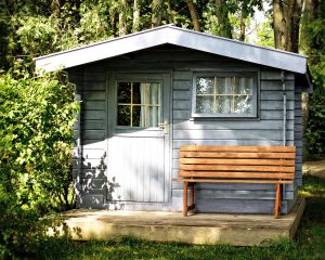 abri de jardin sous des arbres avec banc devant