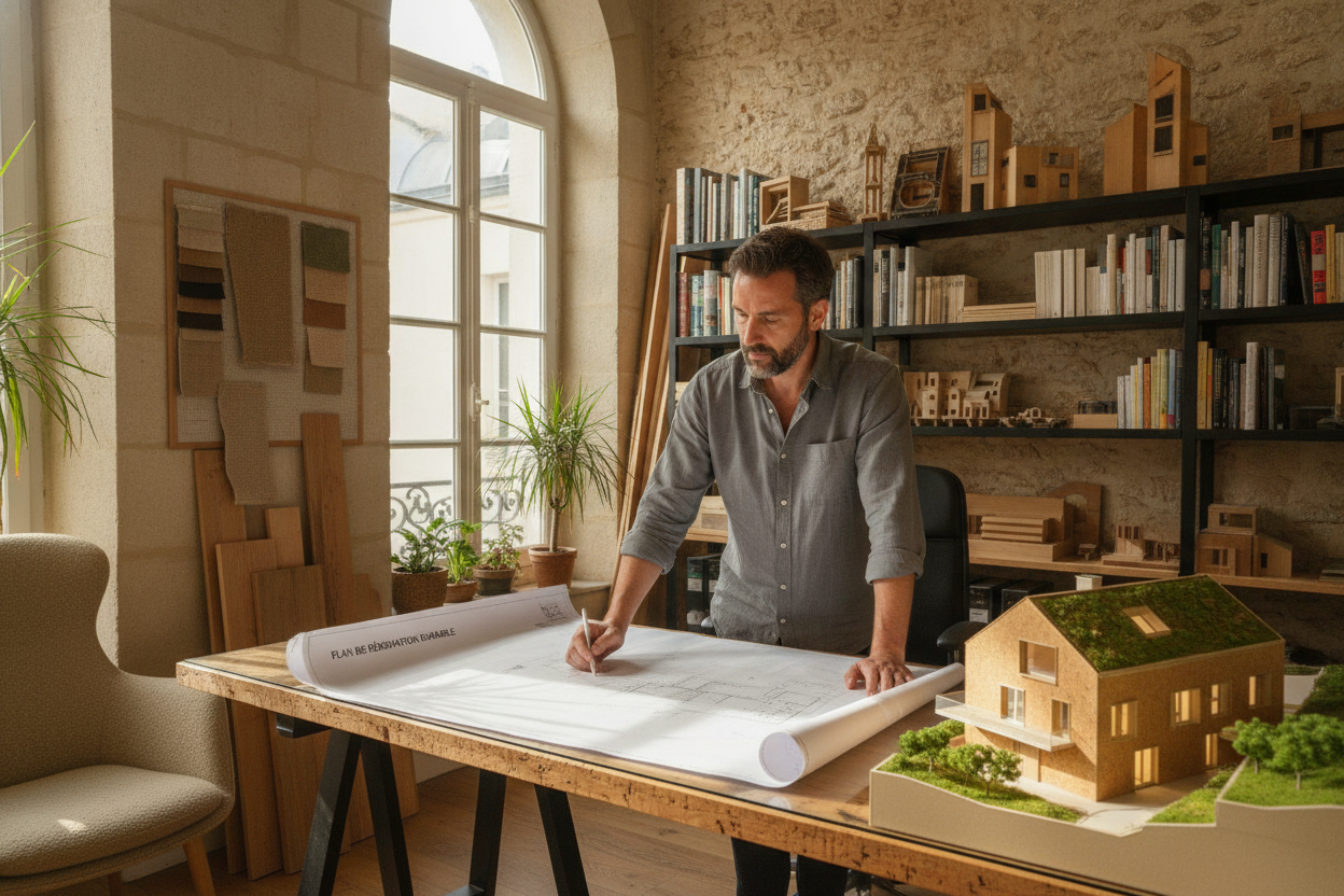 Un architecte examinant des plans de rénovation énergétique, entouré d'échantillons de matériaux écologiques.