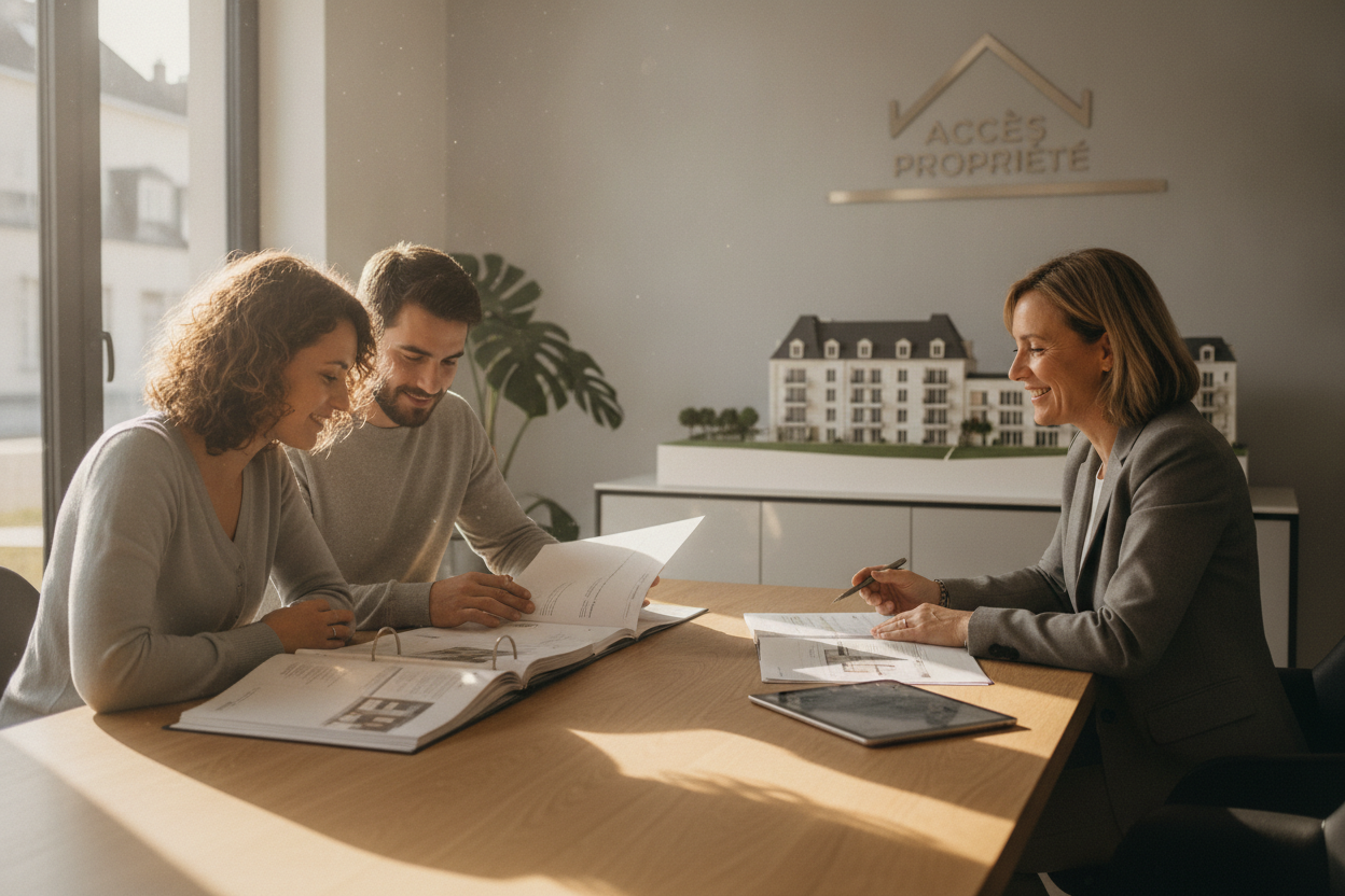 Scène d'un couple discutant avec un conseiller immobilier dans un bureau, examinant des plans ou des documents de propriété immobilière, montrant un bâtiment représentatif d'une maison ou d'un appartement moderne.