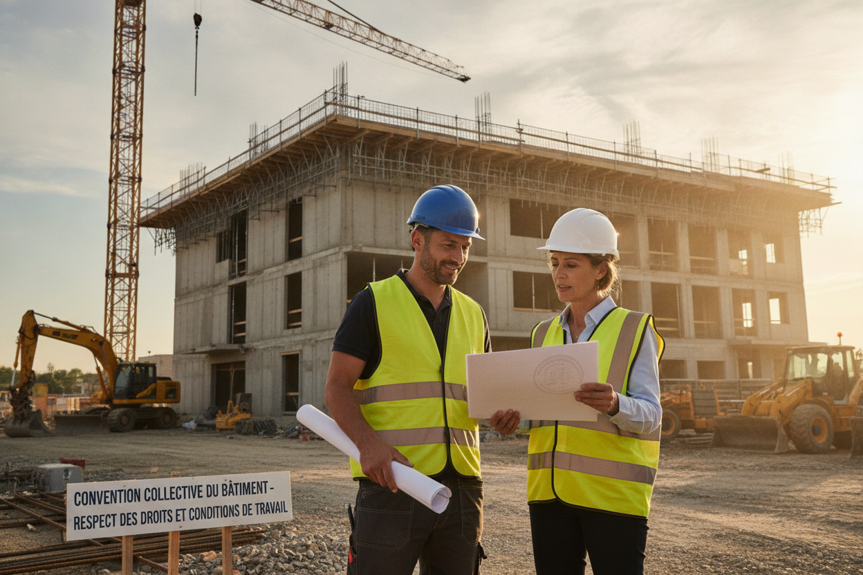 Un ouvrier et un cadre discutant sur un chantier du bâtiment en France, montrant des documents.