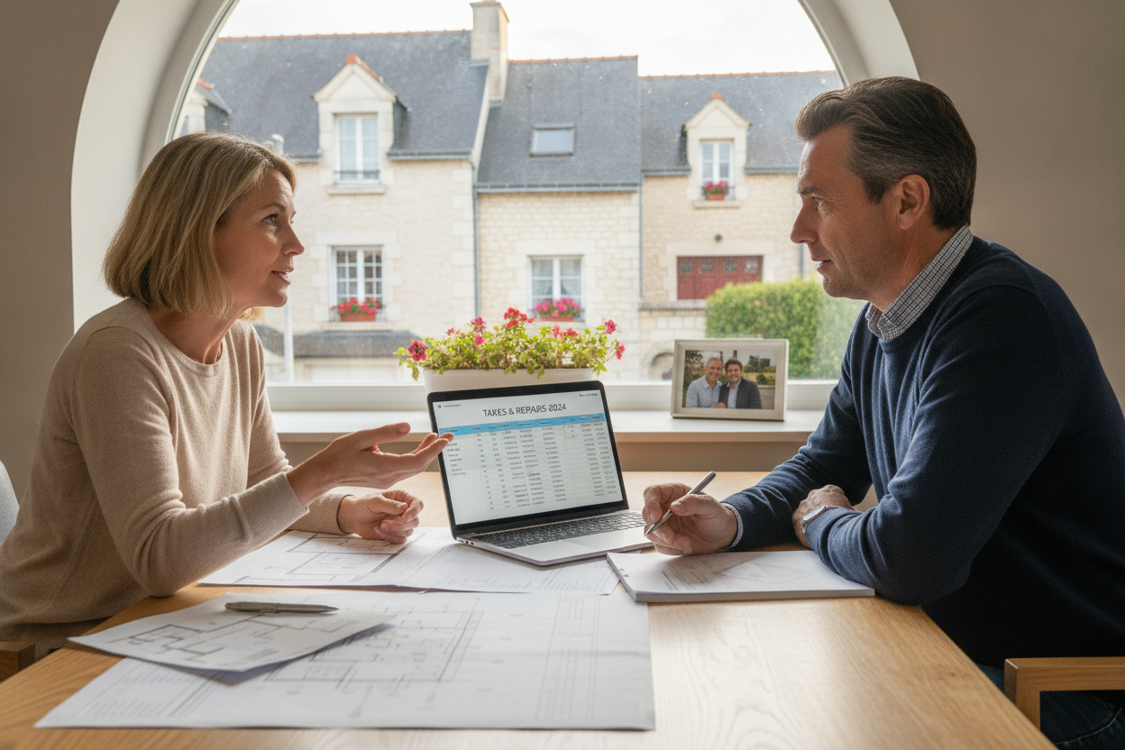 Scène montrant un couple discutant de travaux de toiture sur une maison, avec des documents fiscaux en main.