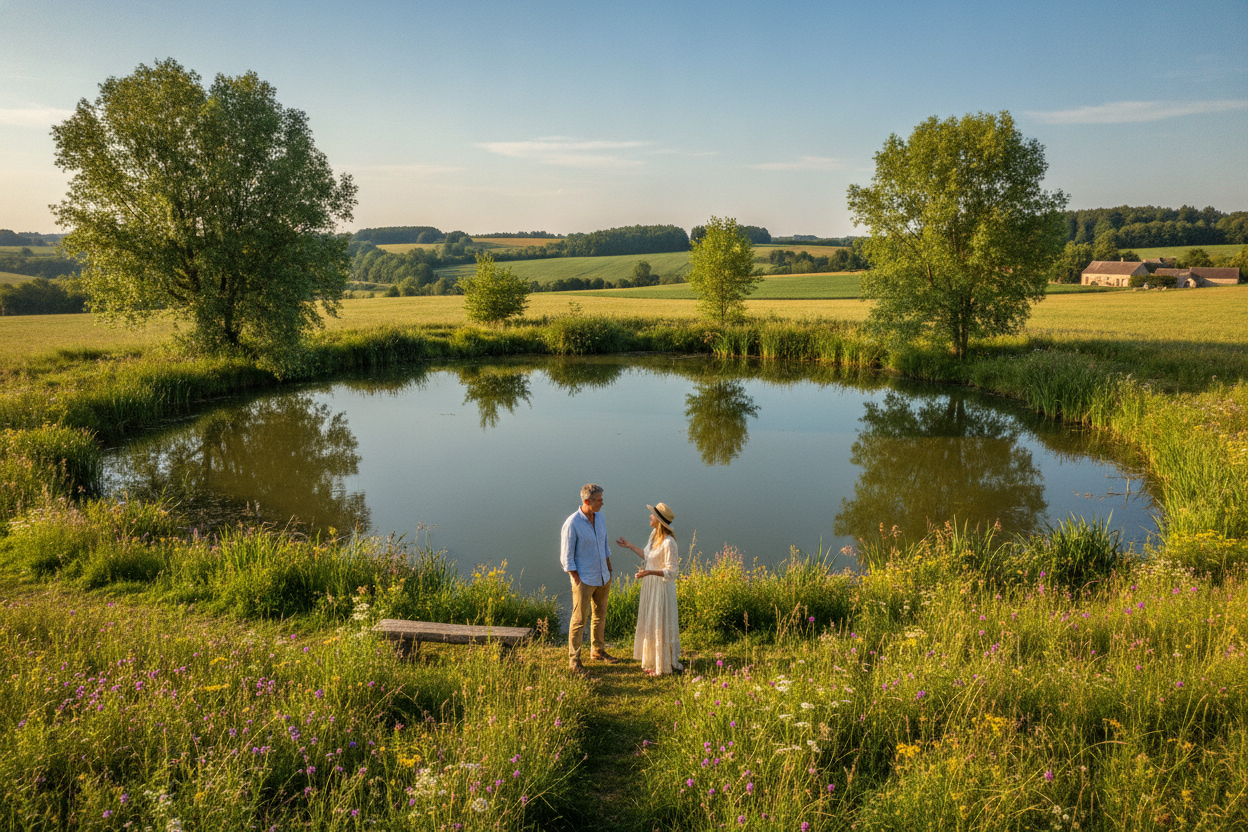 Un étang paisible entouré de verdure en Aisne, avec un couple discutant.