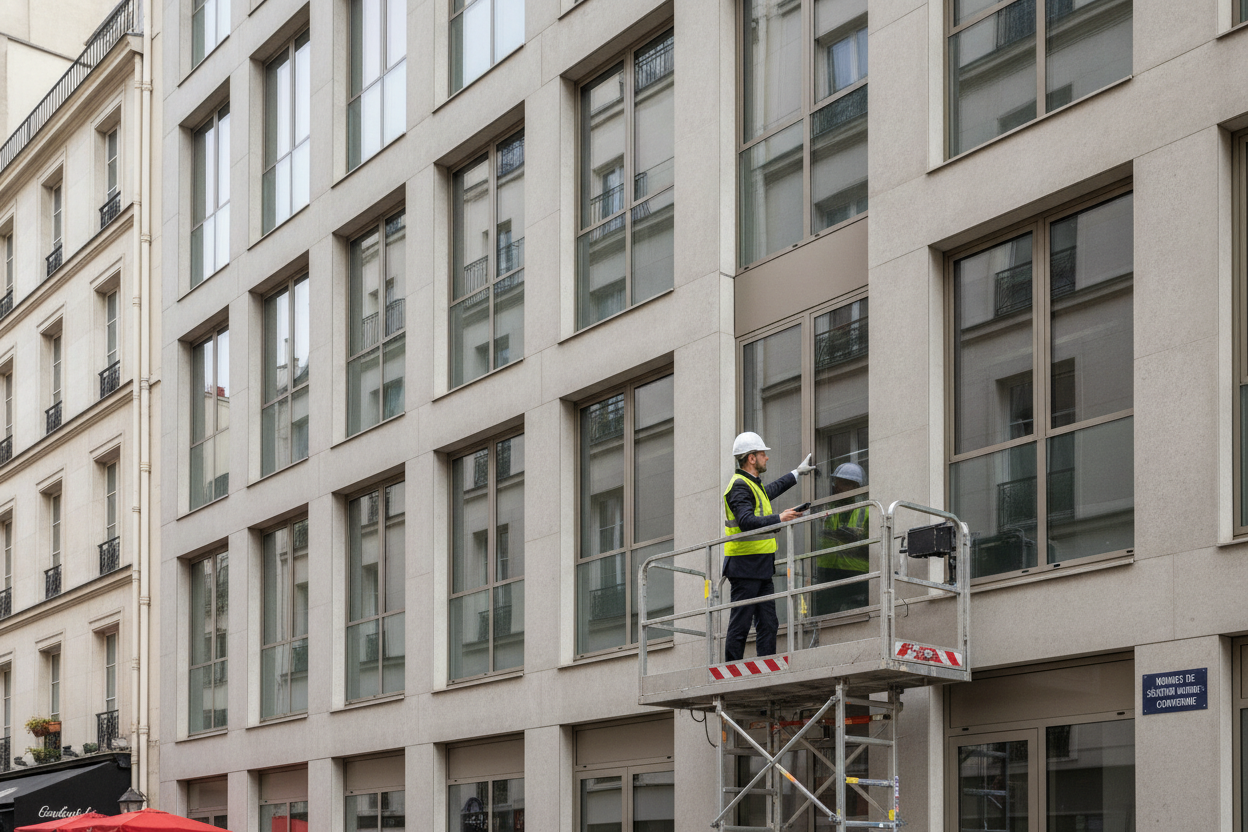 Image montrant des bâtiments avec des matériaux résistants au feu, comme de la laine de roche et des revêtements ignifugés, dans un environnement urbain.