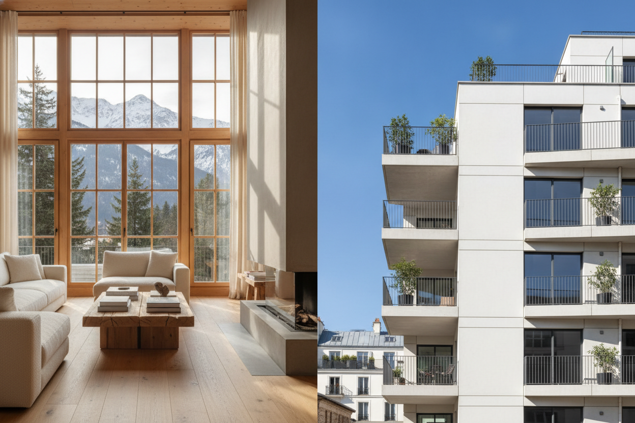 Deux univers distincts côte à côte : un intérieur haut de gamme alpin et un immeuble résidentiel neuf parisien.
