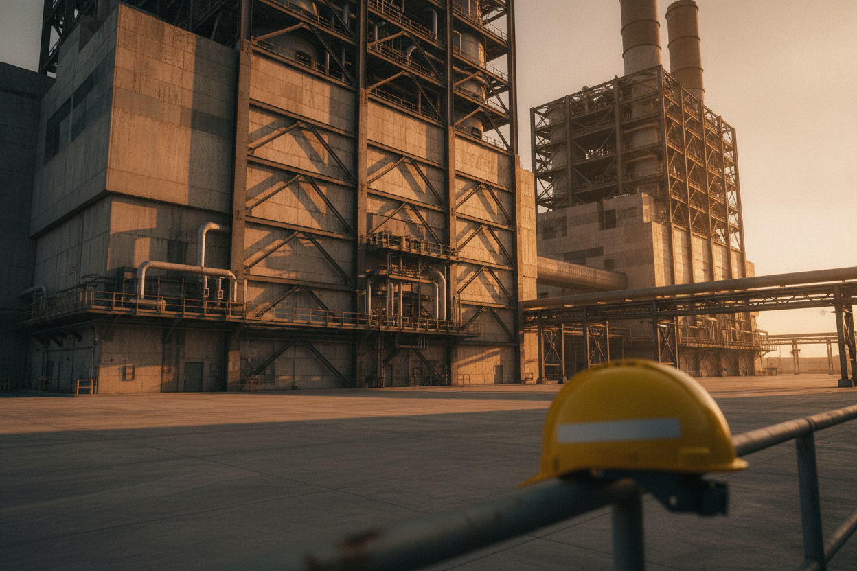 Vue extérieure d'un grand site industriel moderne sous une lumière dorée, évoquant les enjeux d'assurance et de risques industriels.