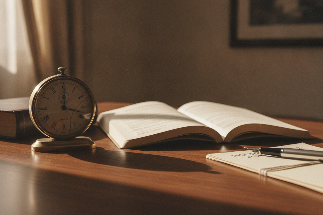 Contrat d'assurance ouvert sur un bureau avec une horloge symbolisant le délai de prescription biennale.