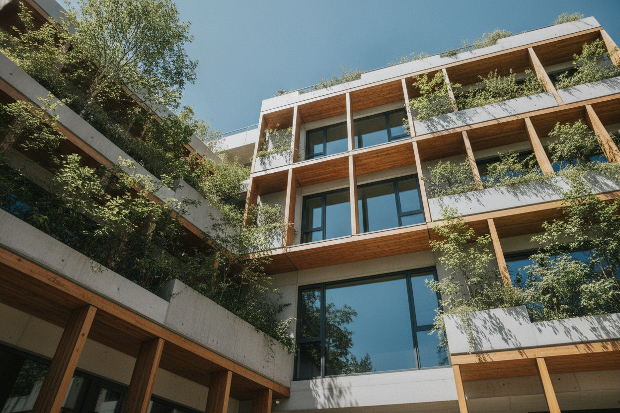 Bâtiment moderne aux matériaux durables et éléments écologiques photographié en lumière naturelle.