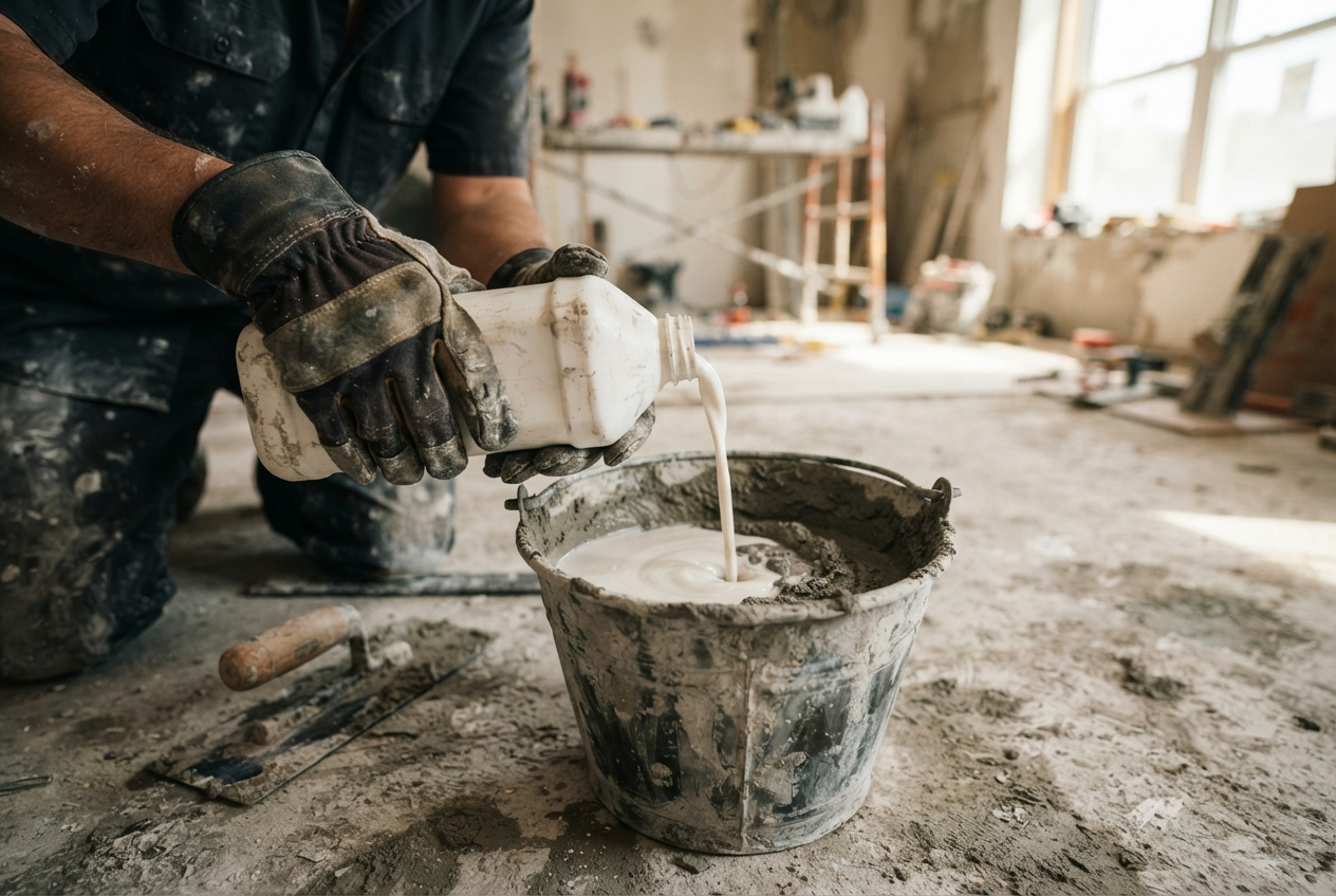 Ajout de résine latex dans un seau de mortier sur un chantier de maçonnerie en rénovation.