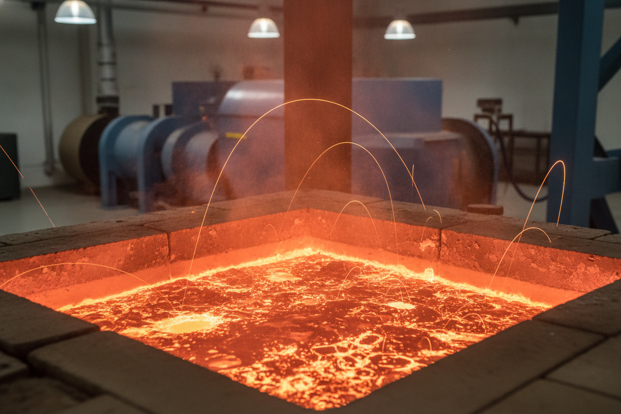 Fusion thermique à 1400°C transformant les fibres d'amiante en matière vitreuse inerte dans un four industriel.