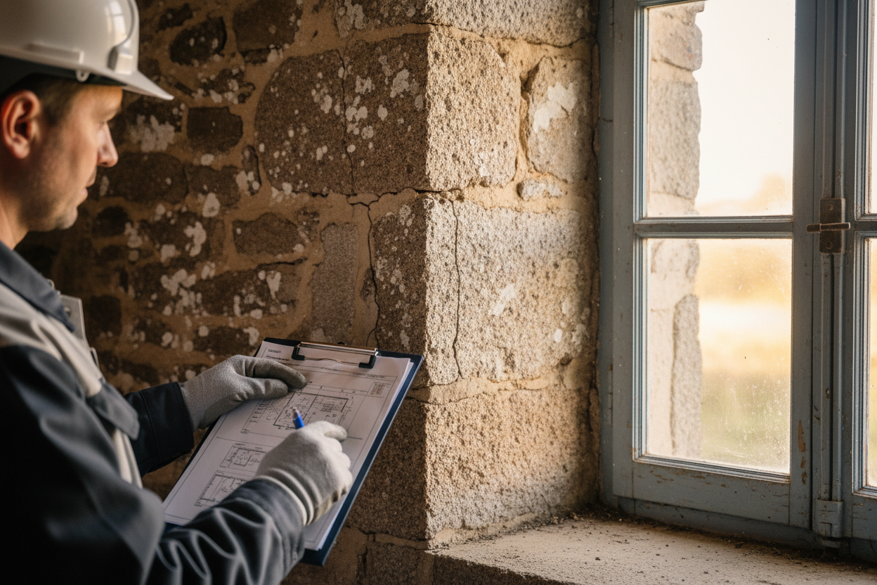 Inspection technique d'une maison ancienne en pierre avant signature du compromis de vente immobilier.