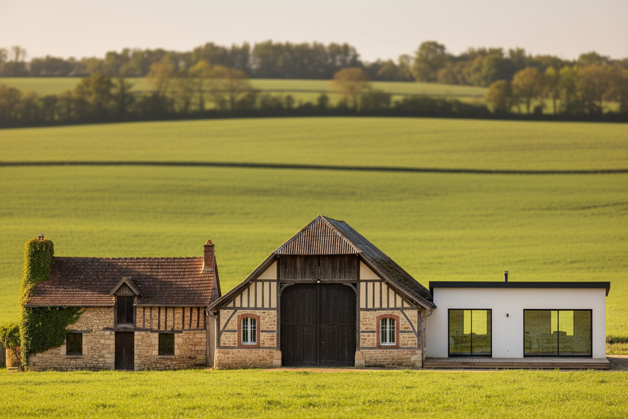 Trois types de maisons en Saône-et-Loire : bâtisse en pierre, grange rénovée et villa contemporaine de plain-pied.