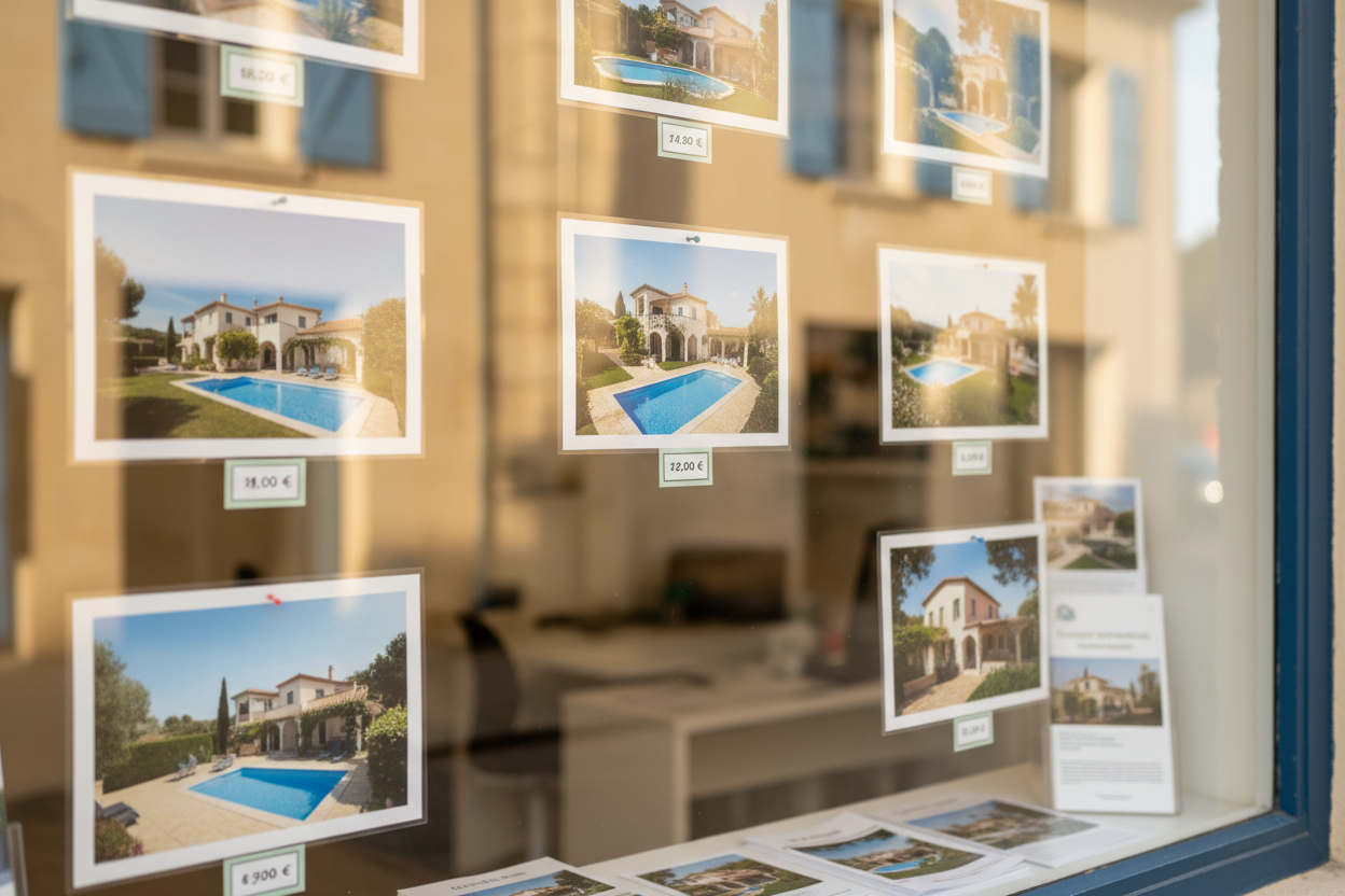 Vitrine d'agence immobilière présentant des annonces de maisons à vendre avec prix au mètre carré.