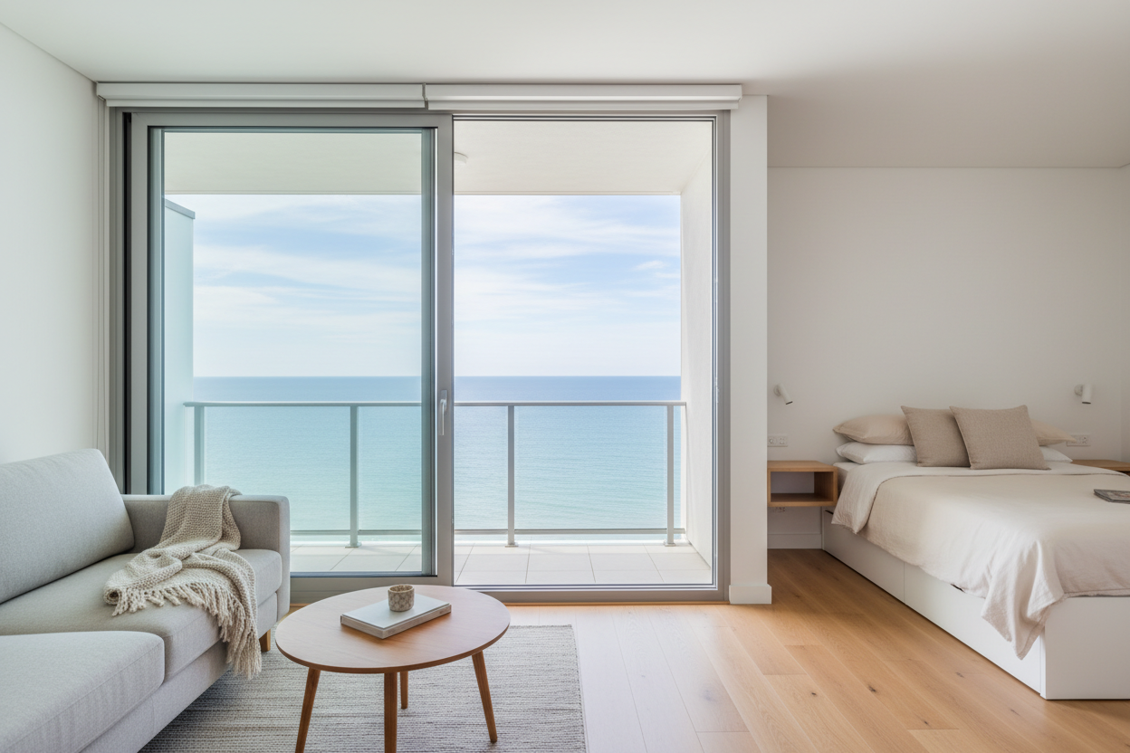 Studio meublé de 25 m² avec balcon filant offrant une vue panoramique directe sur l'océan Atlantique.