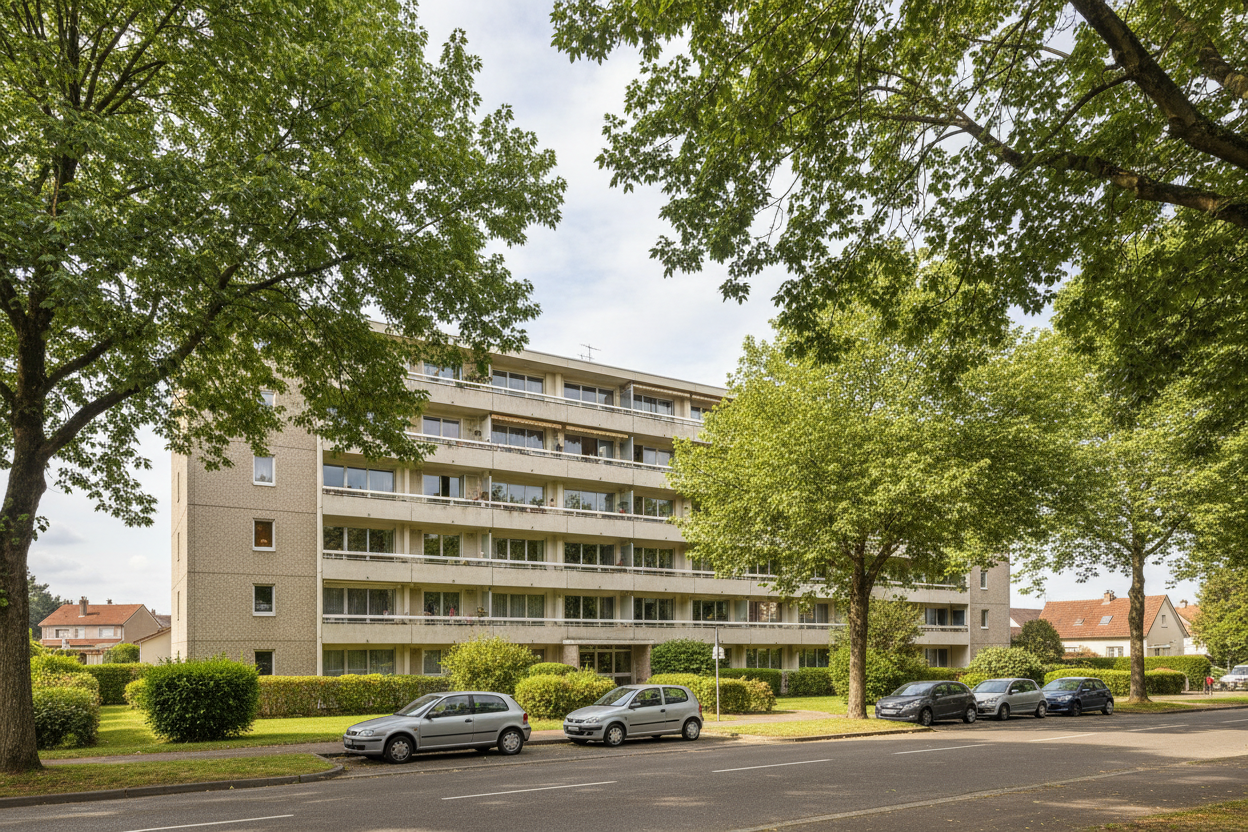 Immeuble résidentiel des années 80 avec balcons filants dans un quartier calme de Saint-Jean-des-Vignes.