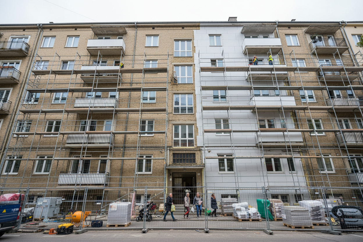 Immeuble collectif en cours de rénovation énergétique avec échafaudages et pose d'isolation thermique par l'extérieur.