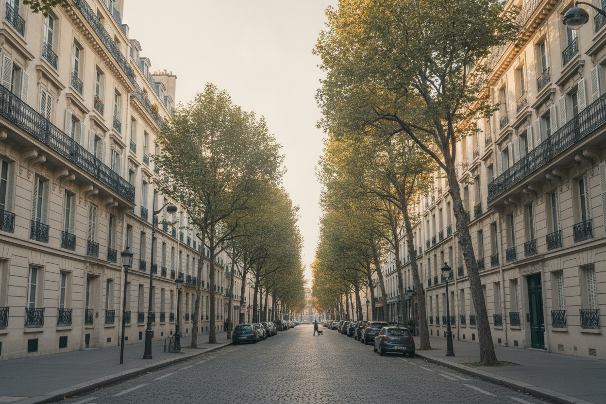 Boulevard haussmannien de l'ouest parisien avec façades en pierre de taille et balcons en fer forgé sous une lumière dorée.
