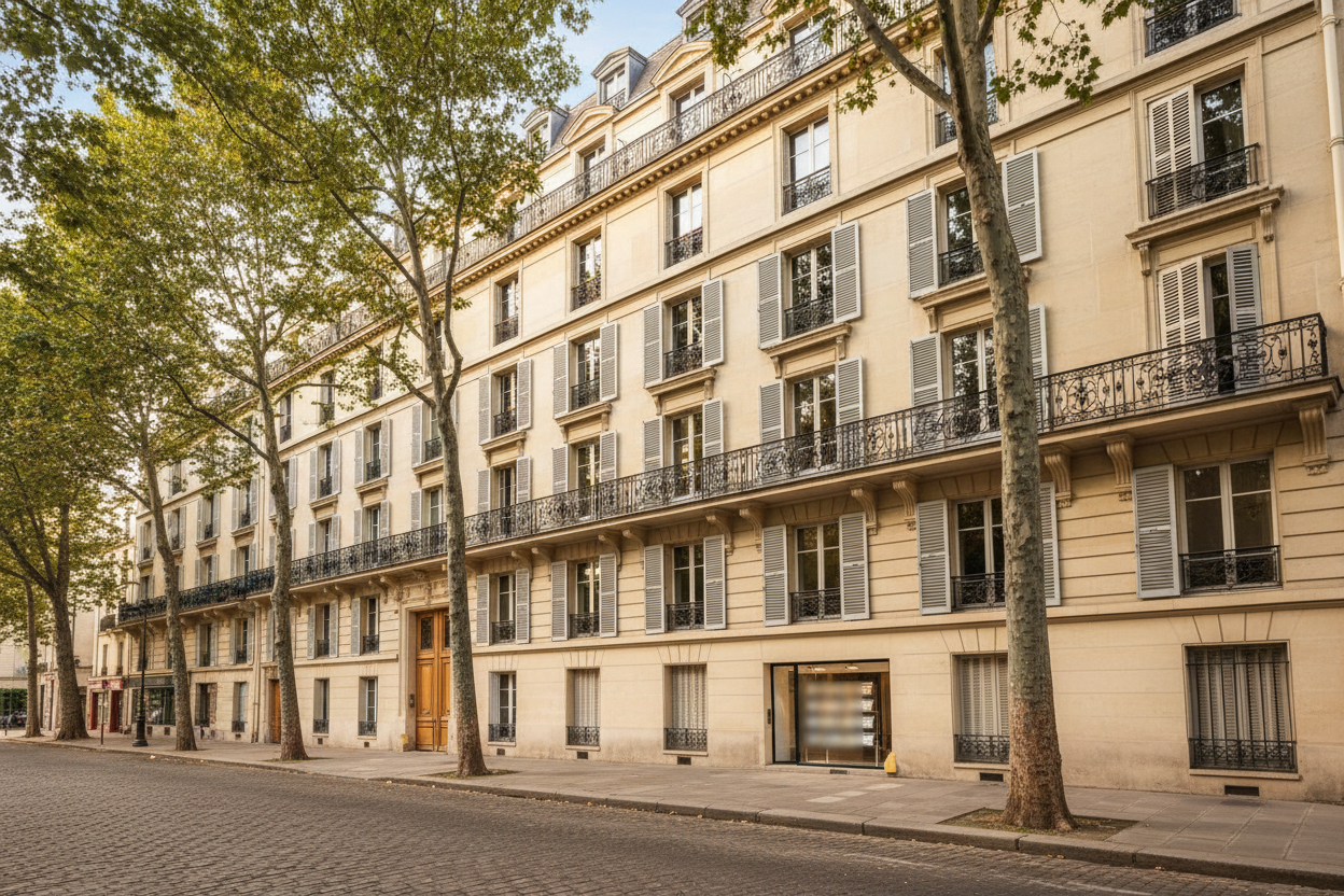 Façade haussmannienne typique d'un arrondissement aisé de Paris, illustrant les prix élevés de l'immobilier de prestige.