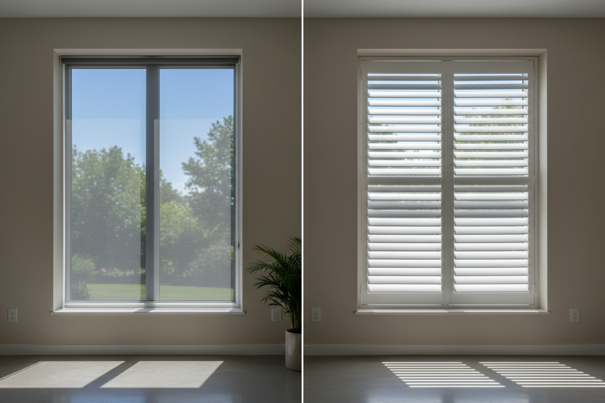 Comparaison entre un film solaire semi-transparent sur vitre et des volets extérieurs en bois fermés pour protéger de la chaleur.