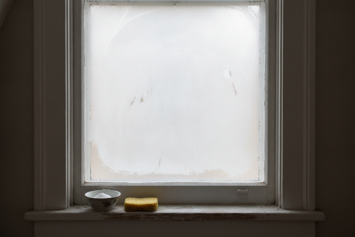 Vitre rendue opaque par une couche de blanc de Meudon, bloquant totalement la vue vers l'extérieur.
