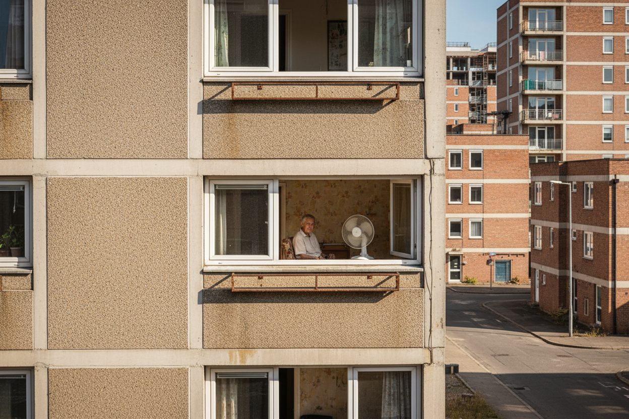 Immeuble HLM en béton des années 1970 sous forte chaleur estivale, illustrant la vulnérabilité thermique des résidents précaires.