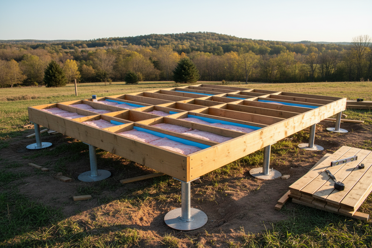 Pose d'un plancher isolé sur plots métalliques pour préparer le terrain d'une yourte.
