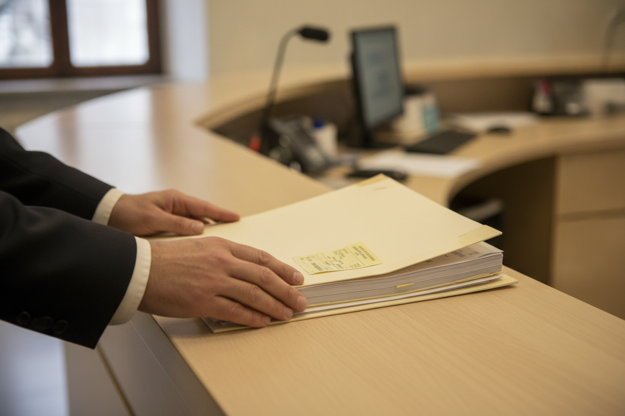 Dépôt d'un dossier de déclaration préalable au guichet d'une mairie avec remise d'un récépissé daté.