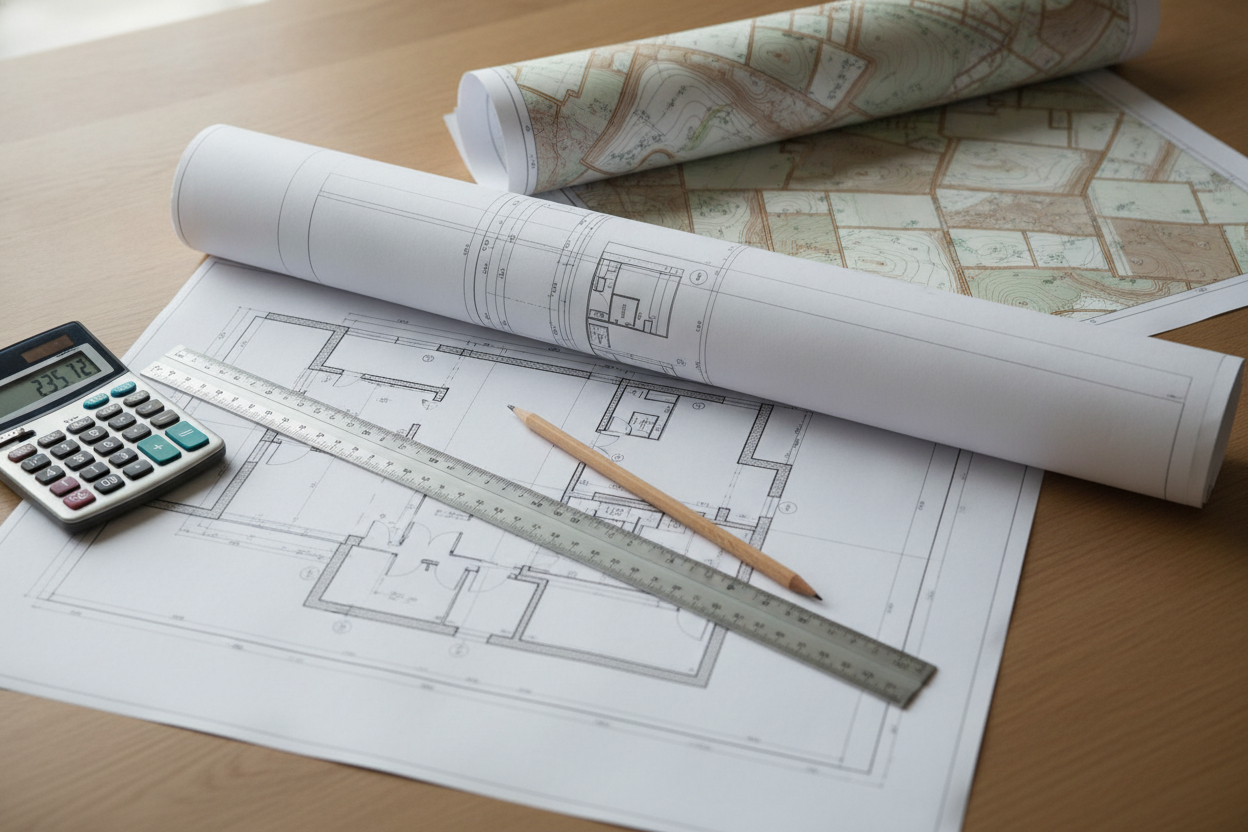 Plans techniques et documents cadastraux étalés sur un bureau pour constituer un dossier de déclaration préalable.