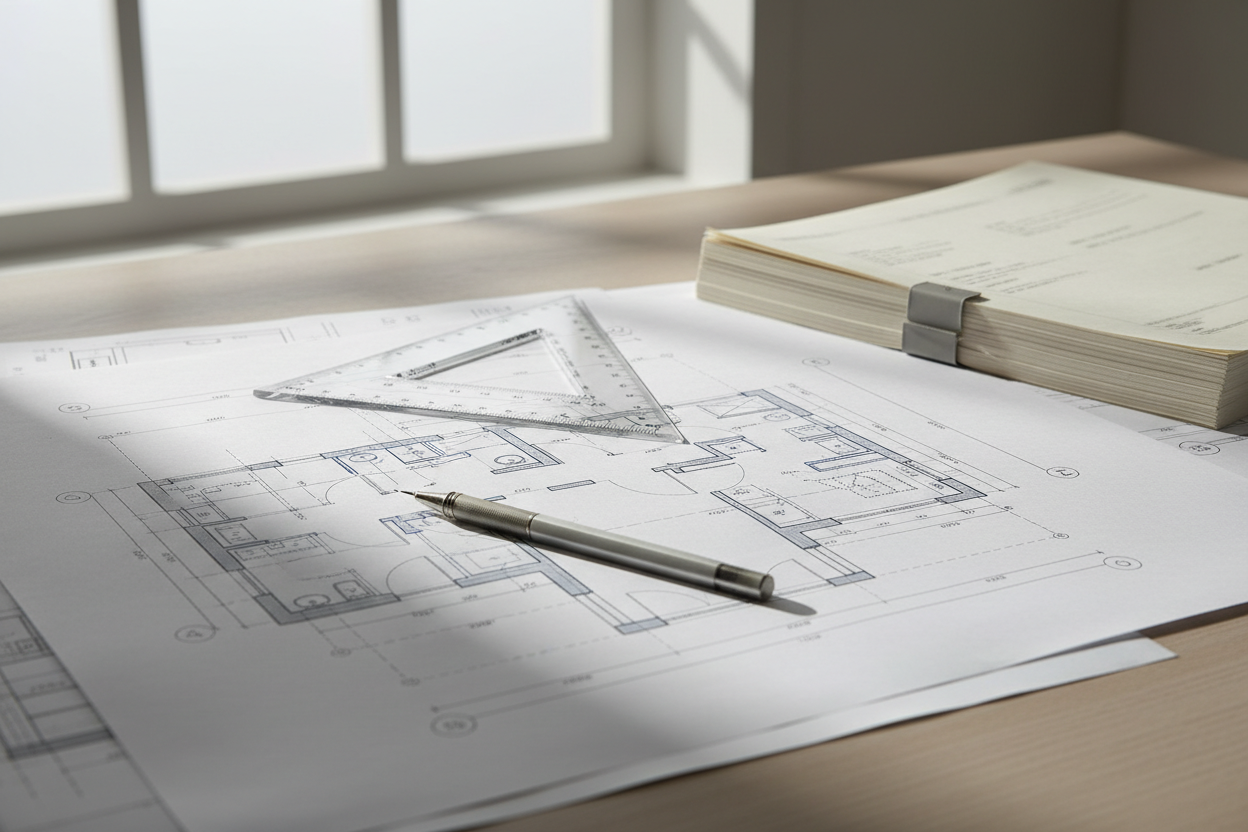 Plans architecturaux et pièces graphiques d'un dossier de permis de construire disposés sur un bureau de travail.