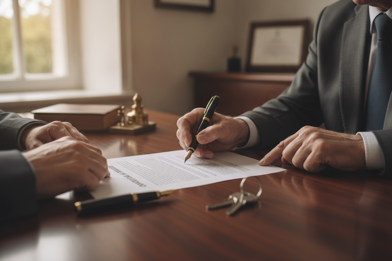 Signature d'un acte de vente immobilier entre un acquéreur et un représentant administratif, avec remise de clés.