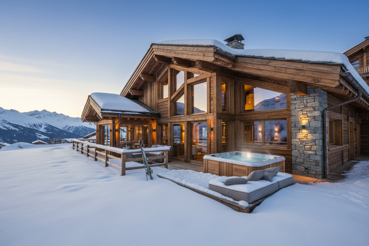 Chalet de prestige à Tignes avec vue sur le glacier, illustrant le potentiel locatif élevé de la station.