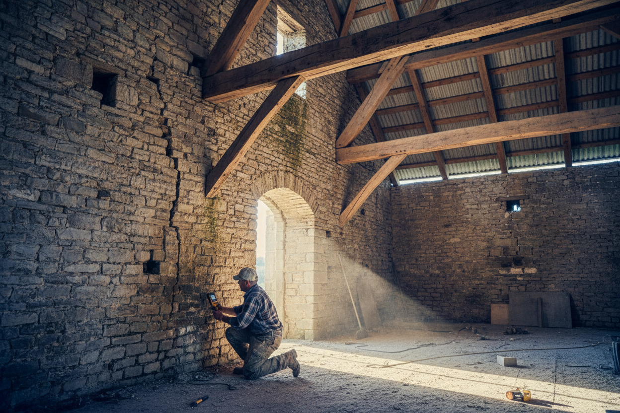 Intérieur d'une ancienne grange en pierre en cours de réhabilitation, révélant des murs humides et une charpente centenaire à diagnostiquer.