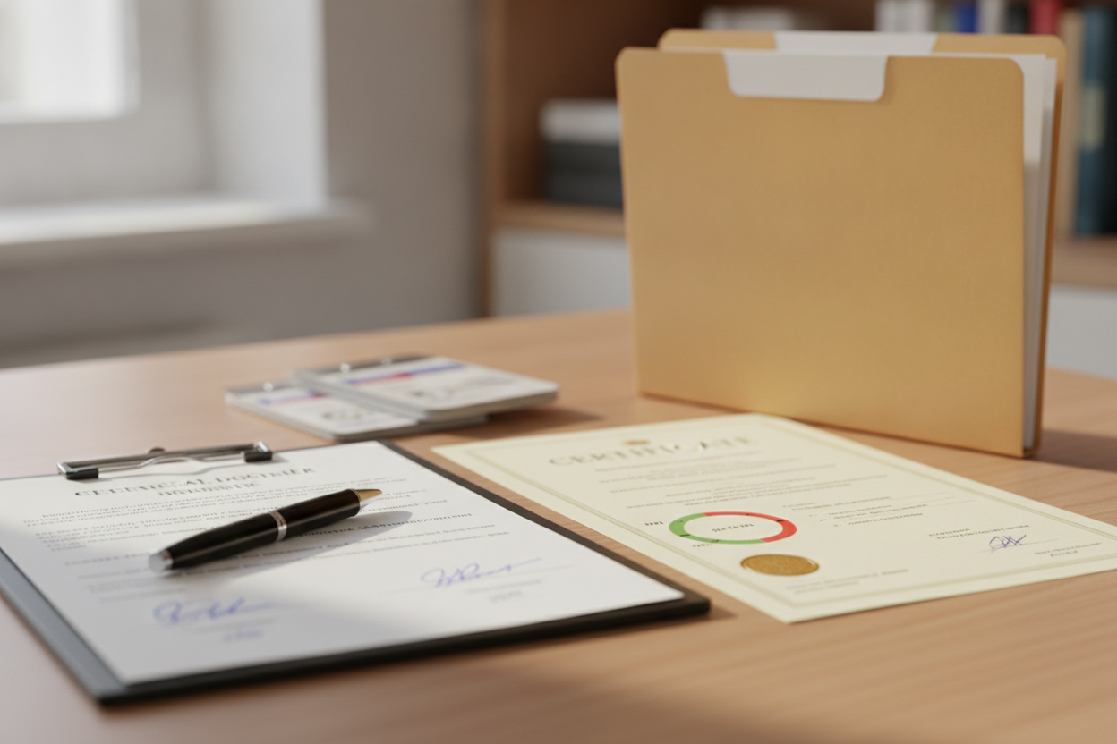 Documents officiels de certification RGE posés sur un bureau de professionnel de la rénovation énergétique.