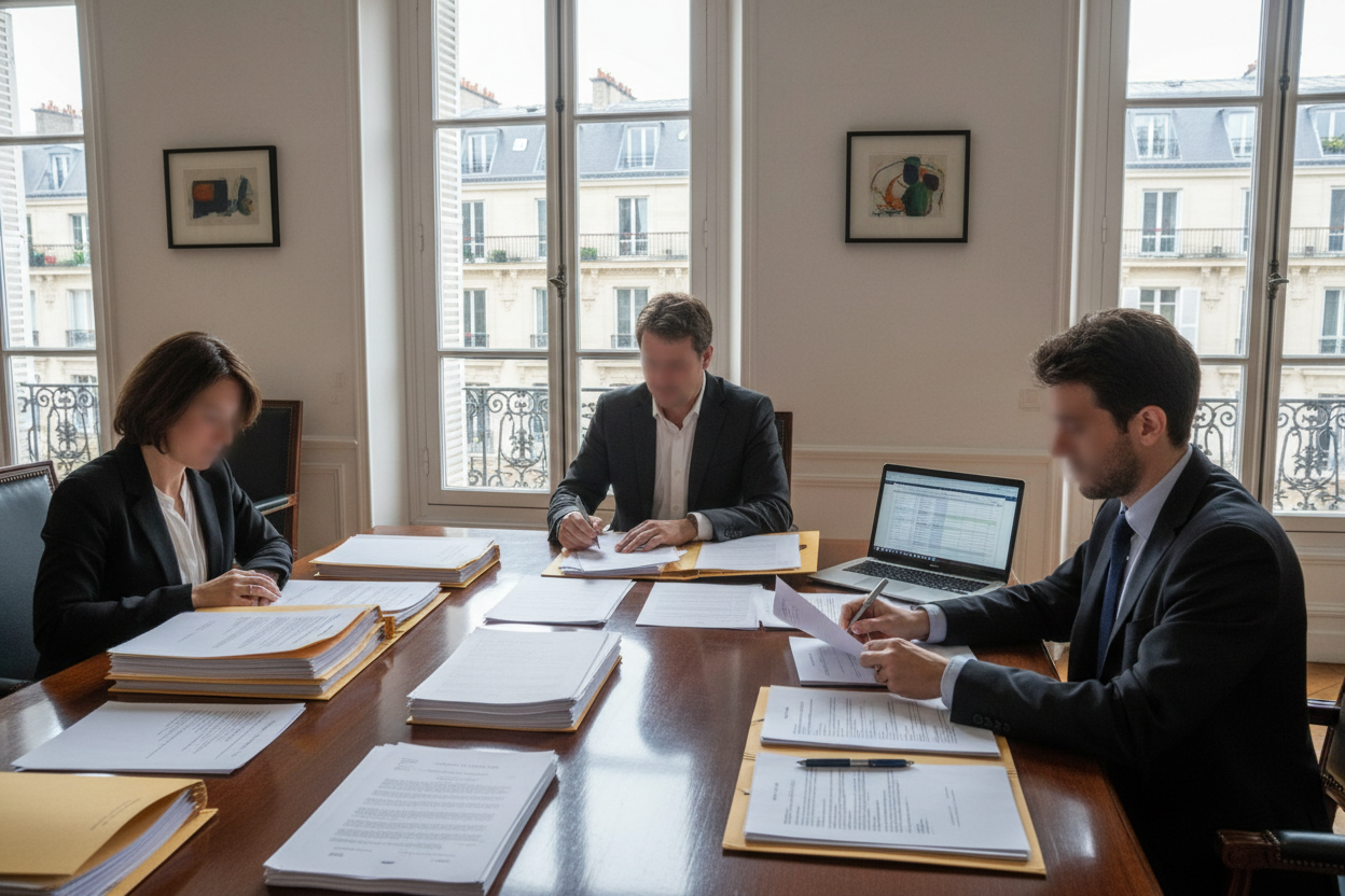 Membres d'un conseil syndical signant des documents lors d'un vote en assemblée générale de copropriété.