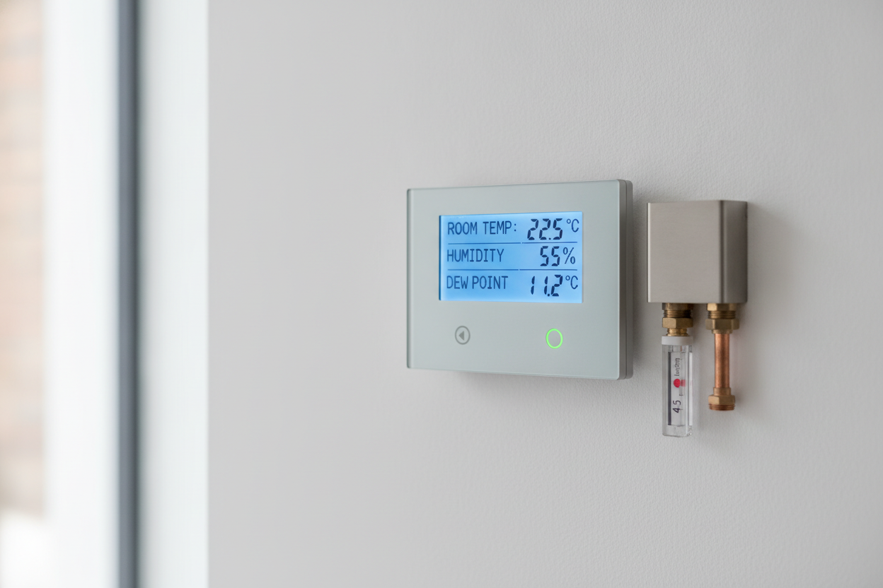 Sonde hygrométrique et régulateur de plancher rafraîchissant surveillant le point de rosée en temps réel.