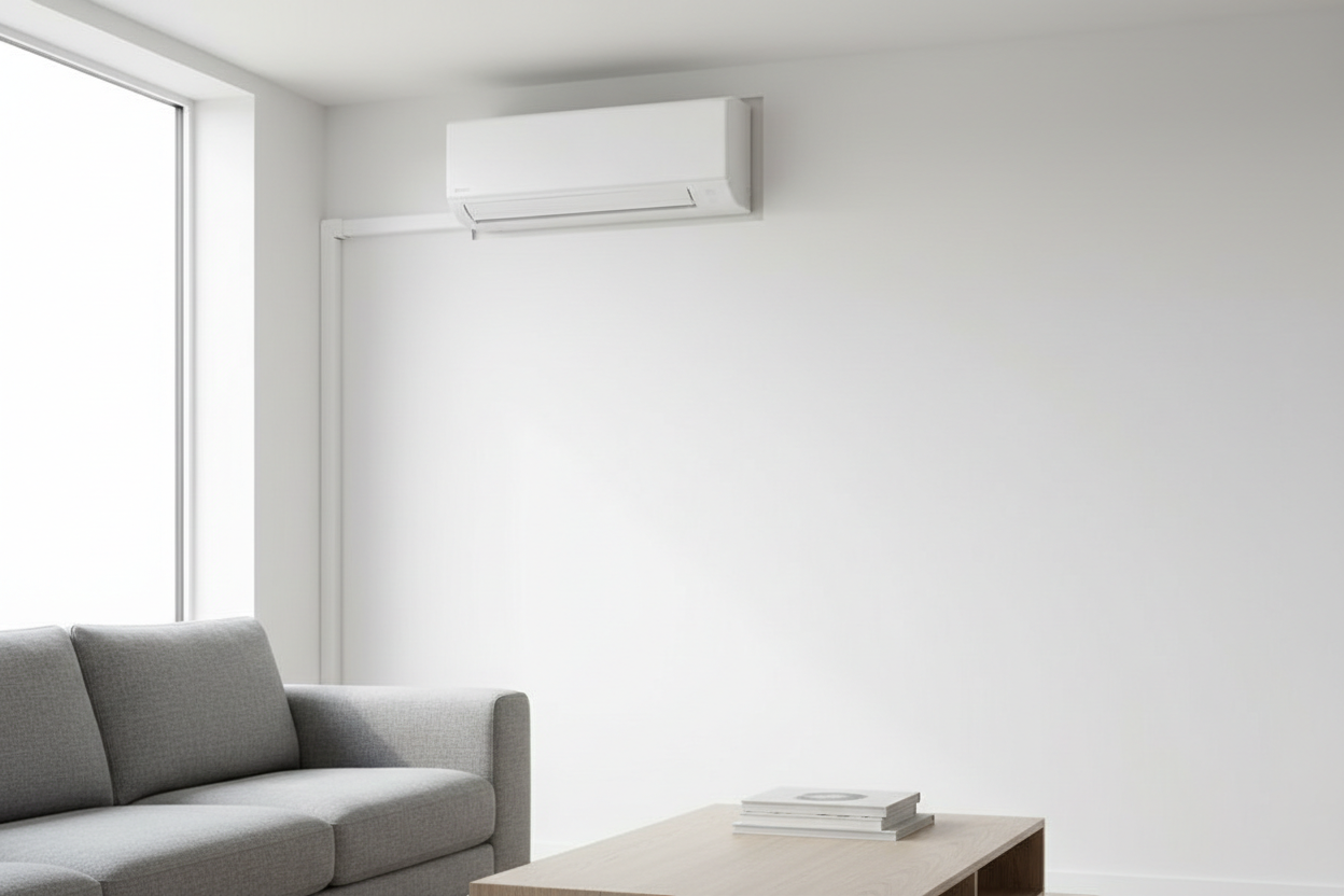 Unité intérieure de climatisation fixée en hauteur sur un mur de salon, bien positionnée loin des zones de vie.