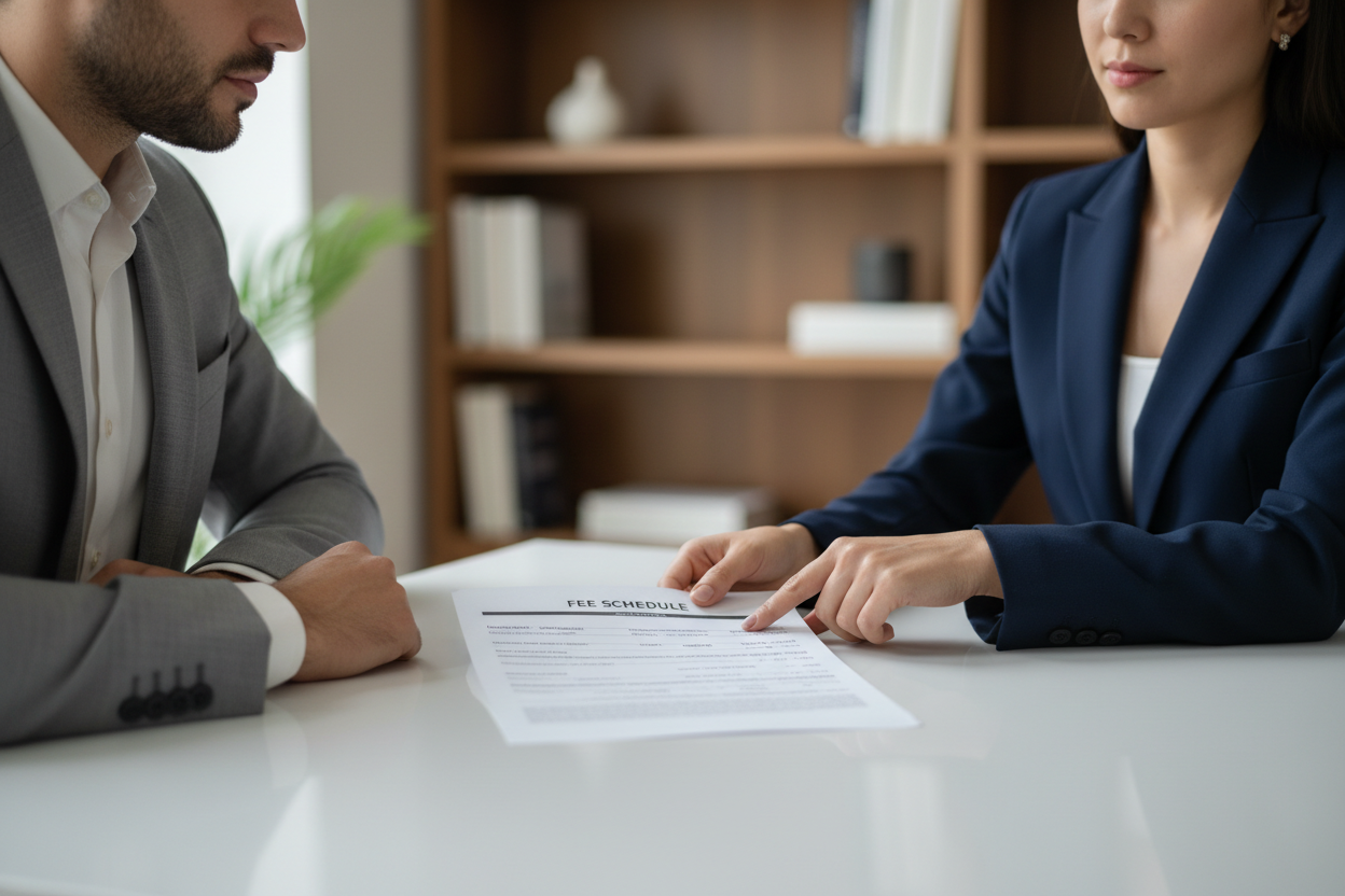 Agent immobilier expliquant les honoraires et conditions de confidentialité à un client lors d'un rendez-vous professionnel.