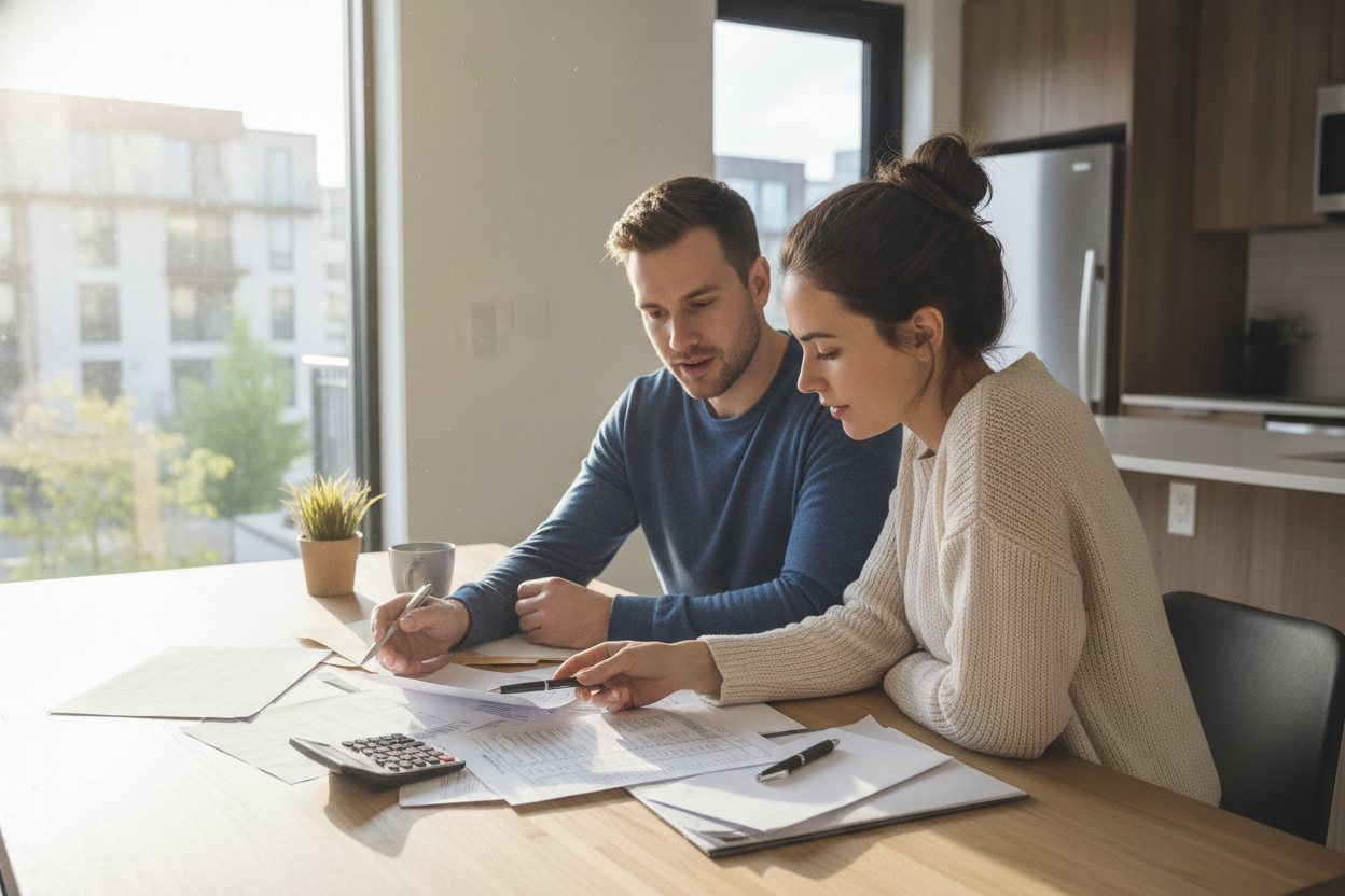 Un couple examine ses charges mensuelles et documents de copropriété autour d'une table dans leur appartement.