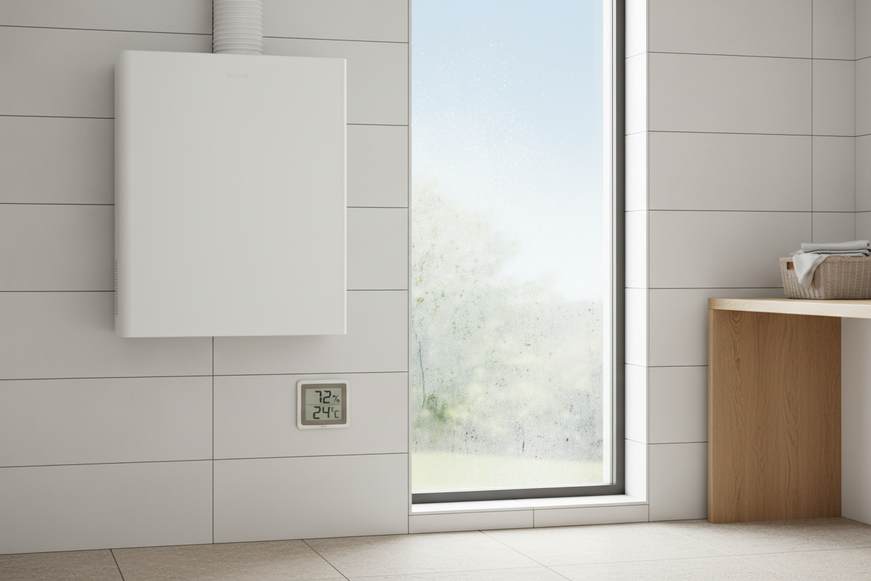 Système de ventilation mural dans une pièce humide, avec hygromètre numérique contrôlant le taux d'humidité intérieure.
