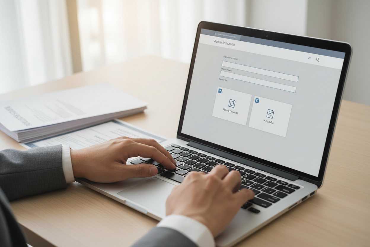 Un professionnel remplit un formulaire d'inscription en ligne sur un portail administratif pour déclarer son activité de service à la personne.