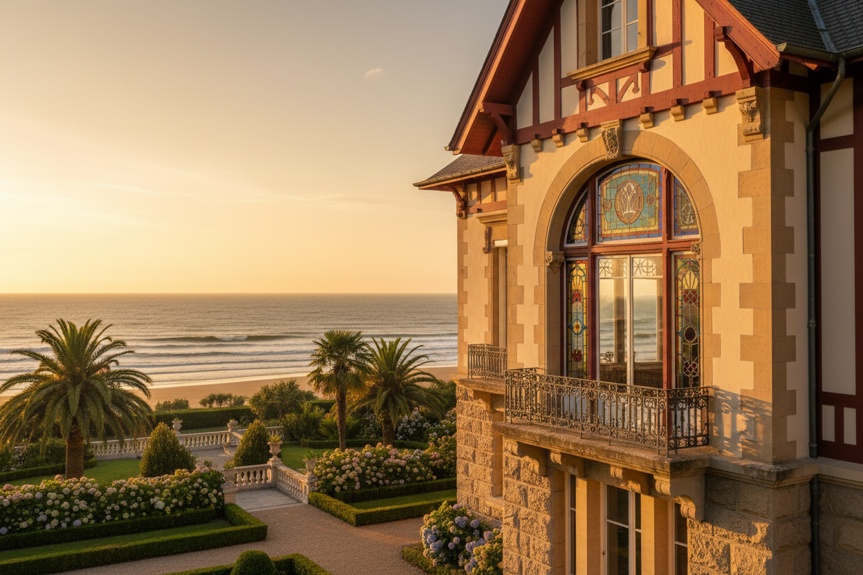 Villa Belle Époque de luxe à Biarritz avec façade ornementée et jardin, symbole d'investissement patrimonial sur la Côte Basque.