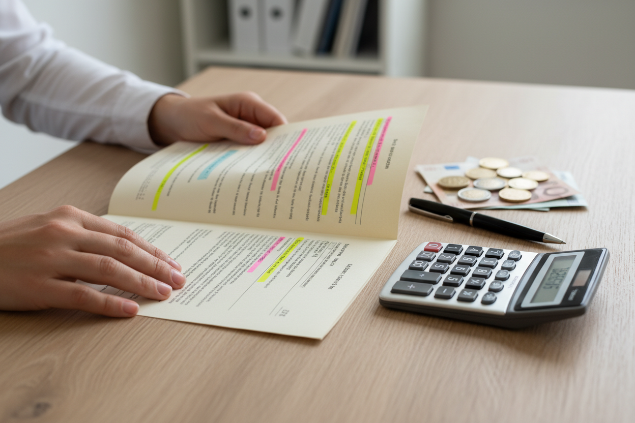 Mains tenant un document d'assurance avec une calculatrice et des billets, illustrant les délais et franchises d'indemnisation après sinistre.