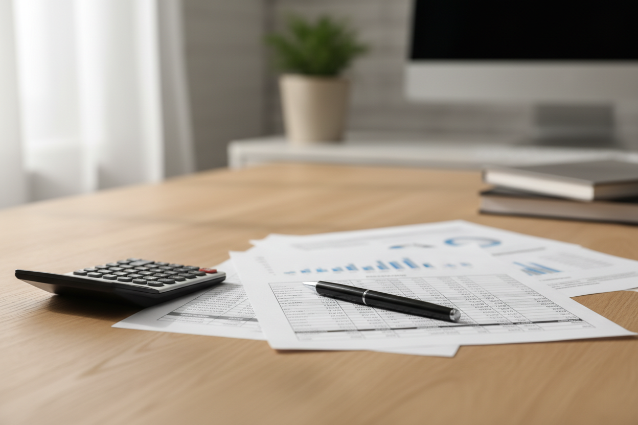 Documents financiers de copropriété posés sur un bureau, illustrant les indicateurs de charges et fonds de travaux.
