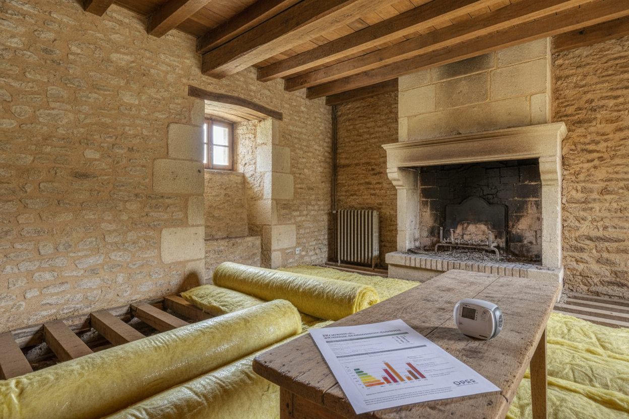 Murs en pierre calcaire et poutres en chêne d'une longère nivernaise en cours de rénovation énergétique.
