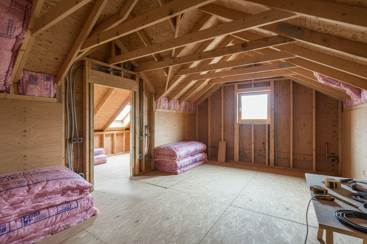 Combles aménageables d'une maison évolutive avec charpente en bois et réseaux prévus pour agrandissement futur.