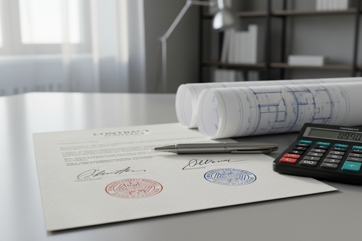 Contrat de promotion immobilière signé posé sur des plans architecturaux avec un stylo et une calculatrice.