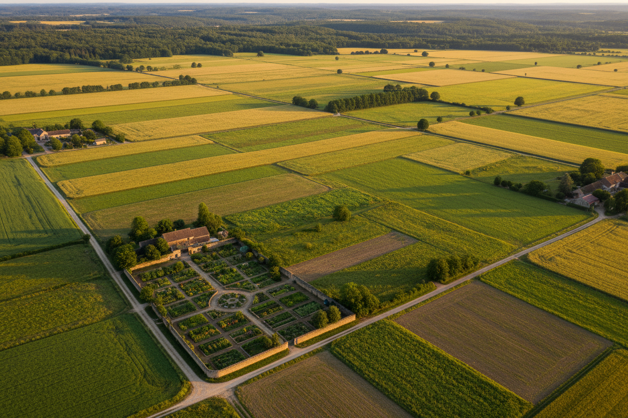 Vue aérienne d'un paysage agricole français montrant des parcelles de tailles variées, du centiare à l'hectare.