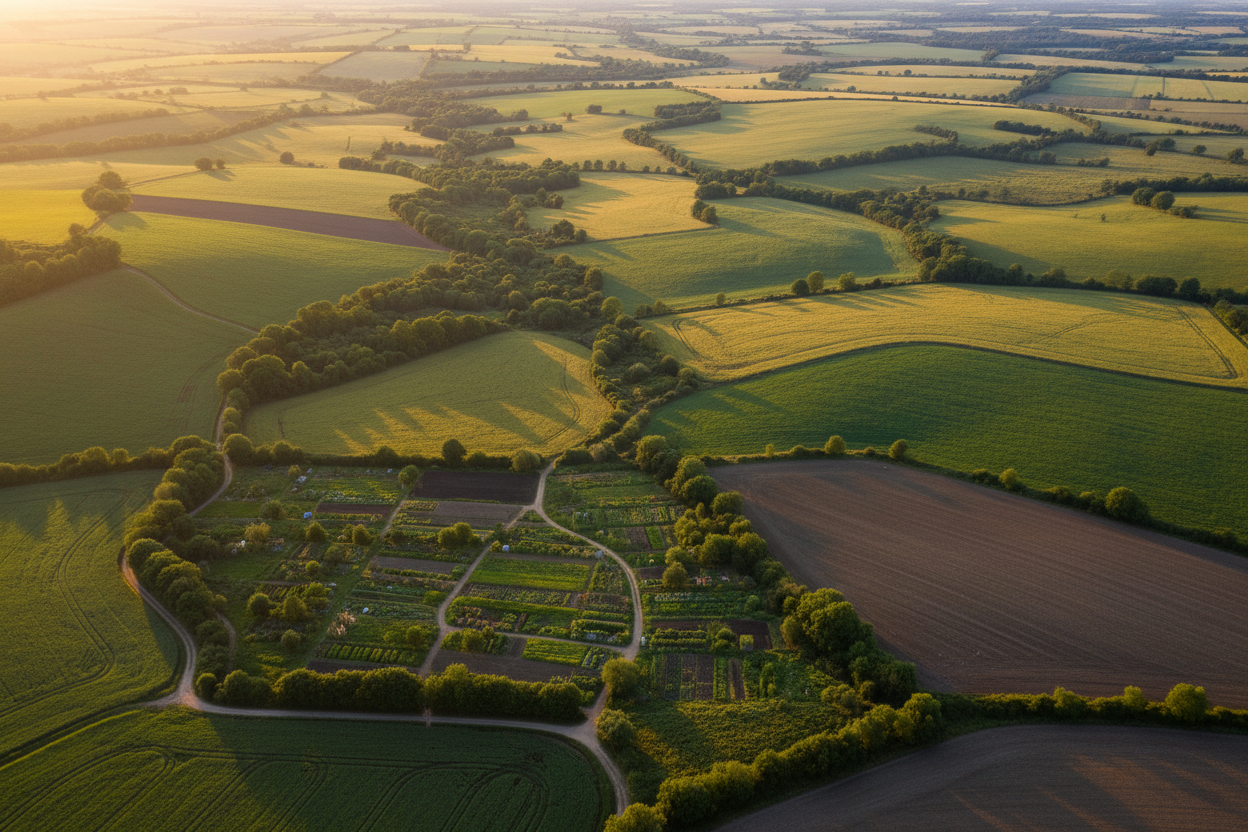 Vue aérienne de parcelles agricoles de différentes tailles illustrant la hiérarchie des unités de surface.