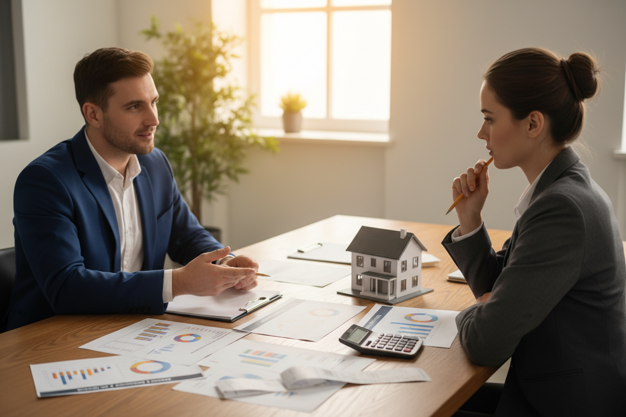 Un conseiller et un propriétaire examinent des documents fiscaux et immobiliers pour optimiser la rentabilité d'un patrimoine.