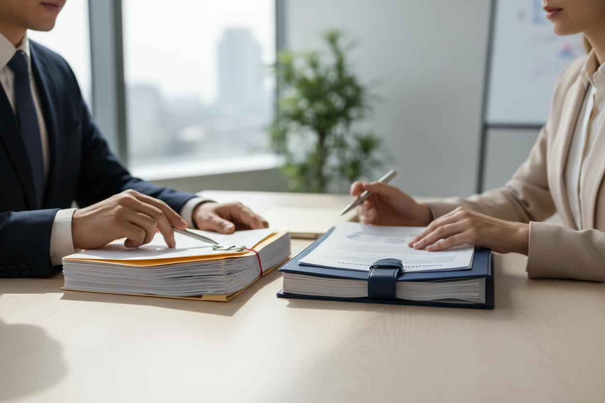 Deux professionnels comparant des contrats de financement immobilier en entreprise, crédit-bail versus emprunt classique.