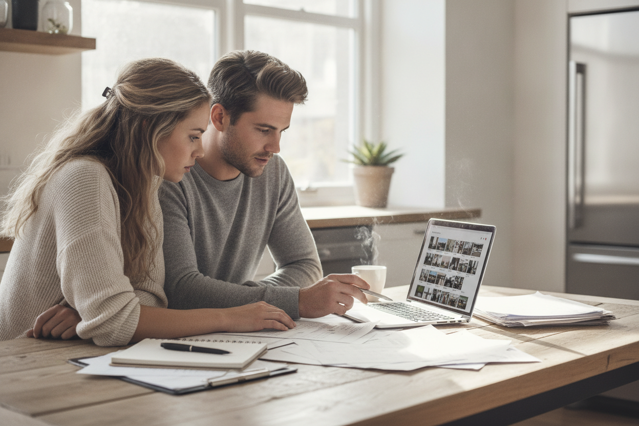 Un couple analyse des documents immobiliers à la table de leur appartement pour décider d'acheter ou vendre en 2026.